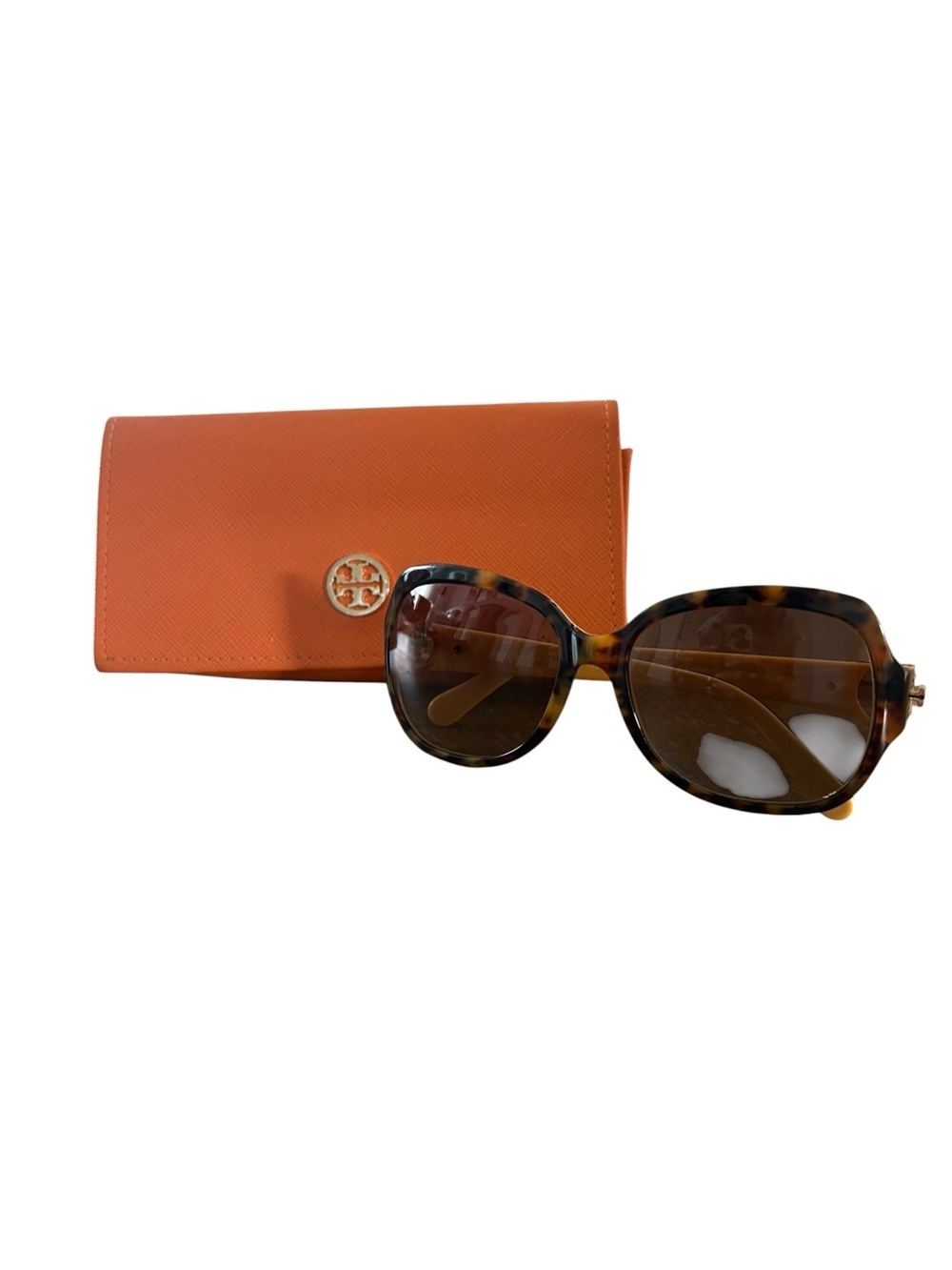 Tory Burch Tortoiseshell Sunglasses with Orange Logo Case